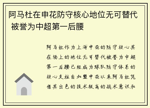 阿马杜在申花防守核心地位无可替代 被誉为中超第一后腰